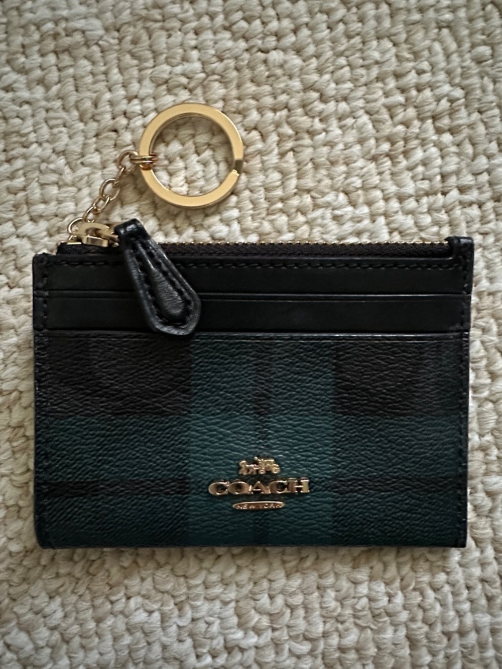 Coach Green Plaid Leather Card Case with Gold Key Ring